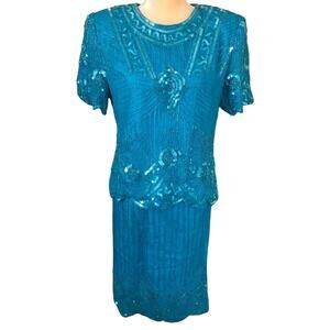 ⭐ 🔥 50% OFF SALE — FINAL Laurence Kazar 1980's Silk  Sequin Skirt‎ Suit. Size L